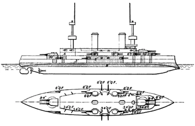 Plan and profile drawing of a Wittelsbach-class battleship