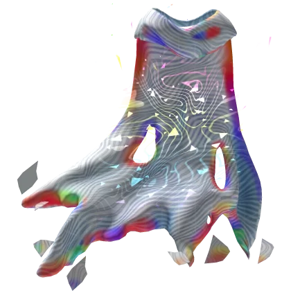 The Amictus Infinitum cape, a shimmering iridescent garment with trailing pointed folds, photographed on a white background