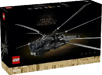 LEGO Icons 10327 Dune Atreides Royal Ornithopter set box art showing the dark grey ornithopter spacecraft with swept articulated wings