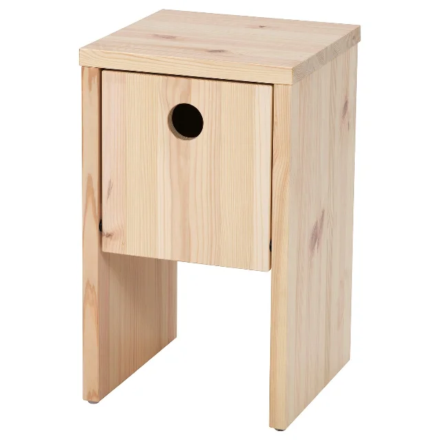 Pine PS 2026 birdhouse bedside table with circular fold-down door handle on white background