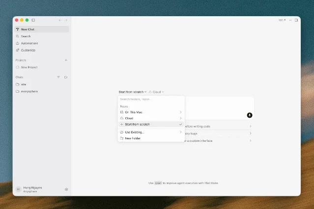 Cursor’s Start from scratch option in the repository picker