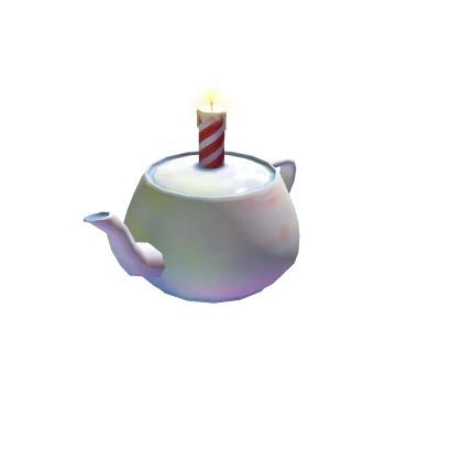 A pale iridescent teapot with a red-and-white striped candle standing on its lid, photographed against a plain light background