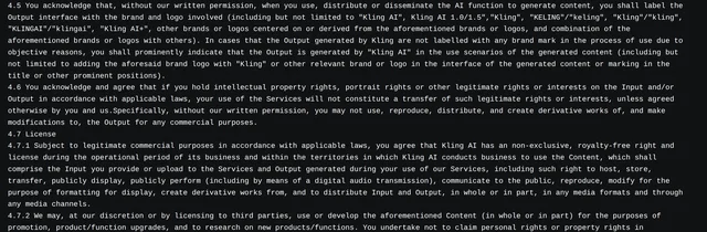 Kling AI Terms of Service clauses 4.5 to 4.7.2, including the sentence requiring written permission for any commercial use of the Output