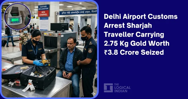 Delhi IGI Airport customs seizure — detained passenger and customs officers at scanning table, inset shows weigh scales with dark pouches