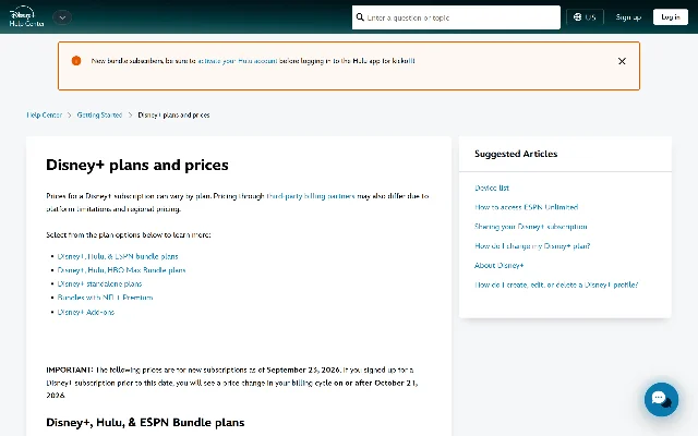 A screenshot of Disney's plan page showing the notice that listed prices apply to new subscriptions as of September 23, 2026, and that existing subscribers see the change in their billing cycle on or after October 21, 2026
