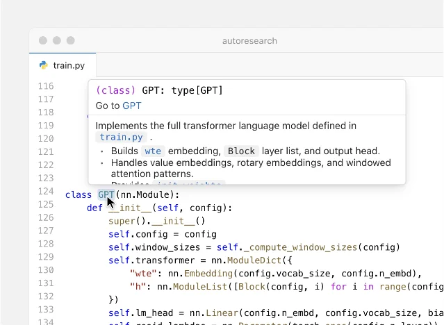 产品界面截图：代码编辑器打开一个 Python 文件，鼠标悬停在类名上显示内联类型信息与文档提示