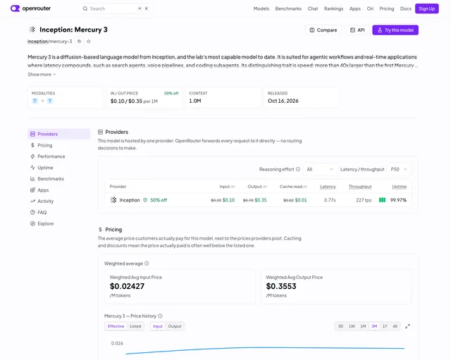 OpenRouter's provider panel for Mercury 3, showing a single provider, 227 tokens per second at P50 and 0.77 seconds of latency