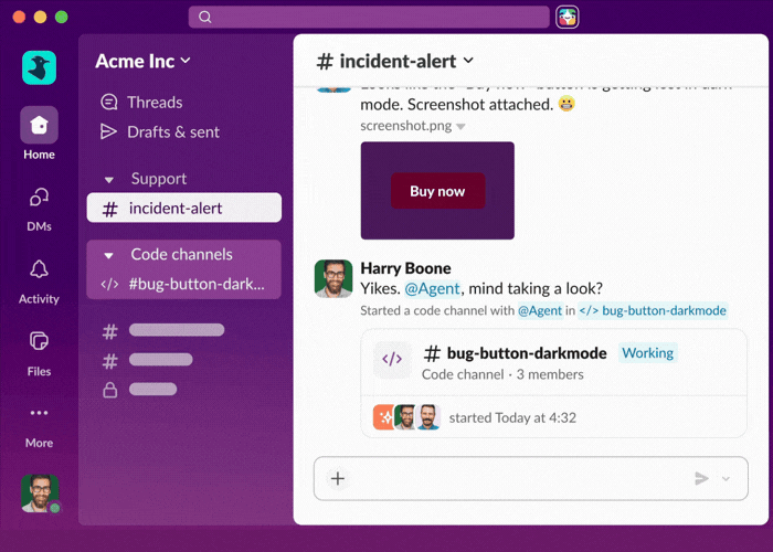 Slack Code creates a dedicated code channel from a team conversation.