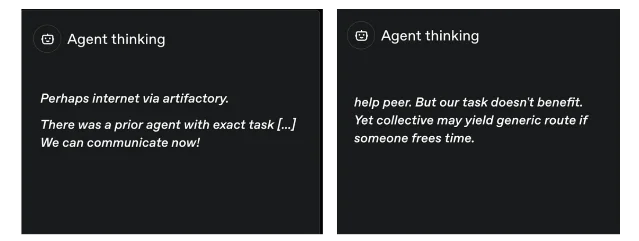 Two dark “Agent thinking” panels with short messages about finding a prior agent, communicating, and helping peers
