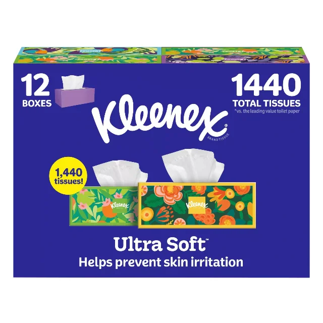 A 12-box Kleenex Ultra Soft pack, printed with the box count and total tissue count.