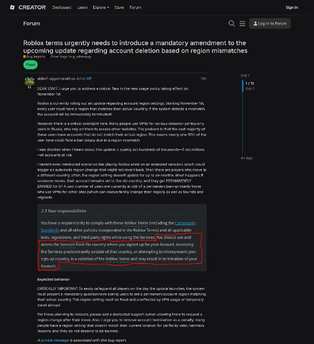 Developer Forum bug report with a red box drawn around the superseded section 2.3 text, a green Fixed badge under the title and a reply count of ten