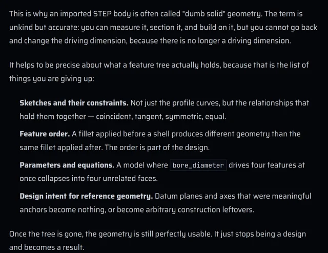 A passage from zCAD's essay defining "dumb solid" geometry and listing the four parts of a feature tree that a STEP export drops