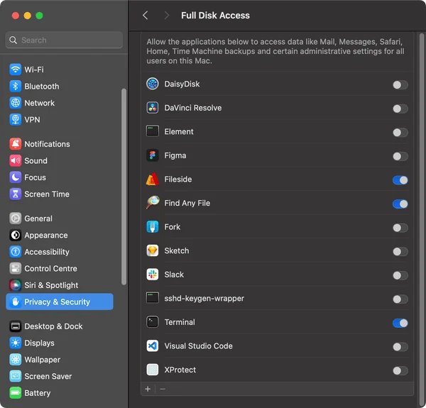 A macOS System Settings window on the Privacy & Security pane, showing the Full Disk Access list with a description of what the permission reaches and a column of on-off switches beside app names including Figma, Sketch, Slack, Terminal and Visual Studio Code