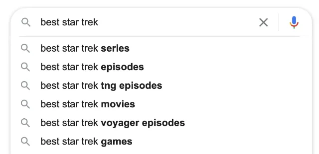Google 搜索框中输入 best star trek 后出现多条补全建议