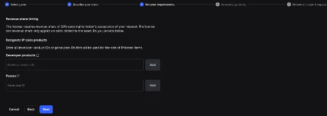 Creator Hub license application step listing developer product and game pass IDs for an in-game sales license