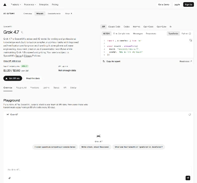 Vercel AI Gateway 的 Grok 4.7 模型页