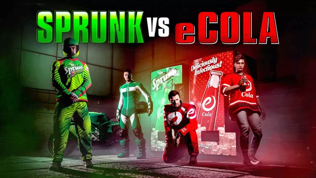 GTA Online Brand Wars artwork showing green Sprunk and red eCola teams.