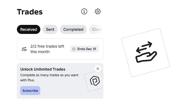 The Roblox Trades page showing a banner reading 2/2 free trades left this month, Ends Dec 31, above an offer to unlock unlimited trades with Plus