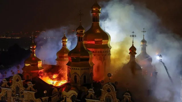 Flames rise from Kyiv’s Dormition Cathedral after a Russian strike