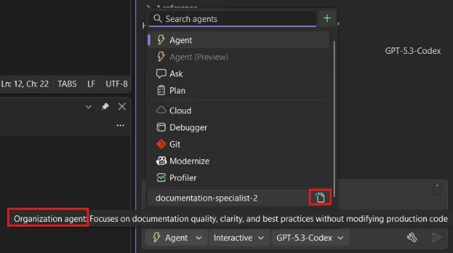 Visual Studio Copilot agent picker showing an organization-level agent