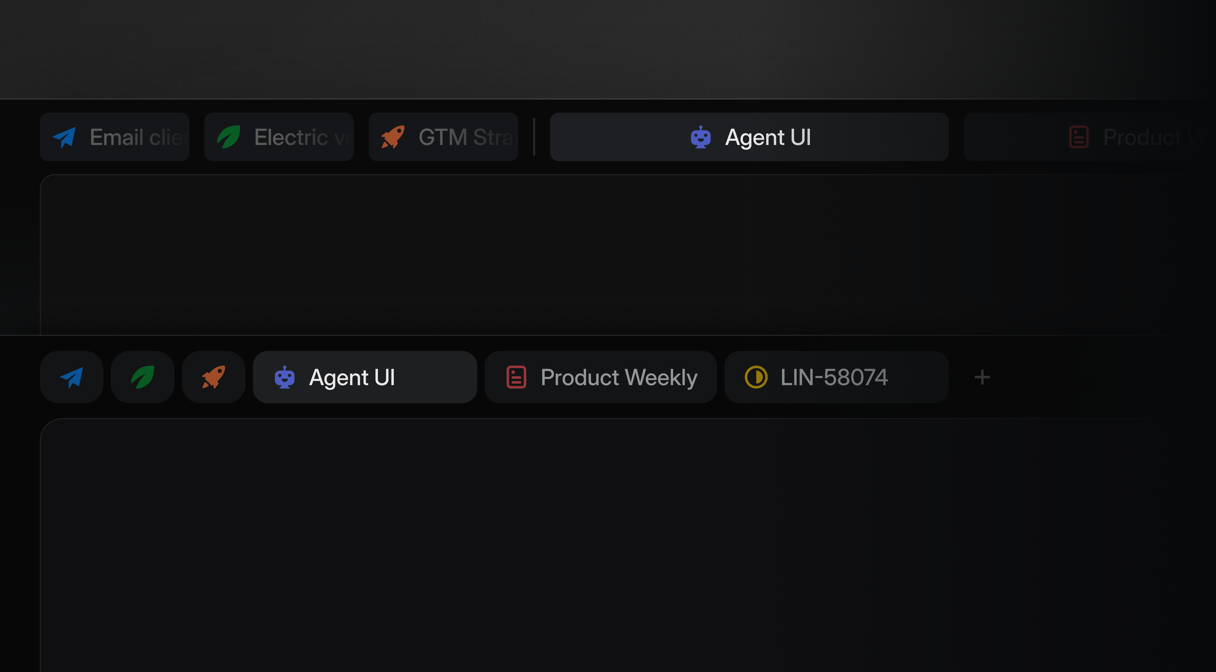Tab bar before and after — the updated version uses compact pill shapes, rounded corners, and icon-only pills for the first items