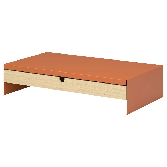 Bright-orange ELLOVEN monitor stand with a bamboo drawer