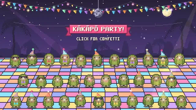 A pixel-art night scene with a disco ball and bunting above rows of green kākāpō parrots in party hats and sunglasses, dancing on a checkered floor beneath a banner that reads "KĀKĀPŌ PARTY!" and "CLICK FOR CONFETTI"
