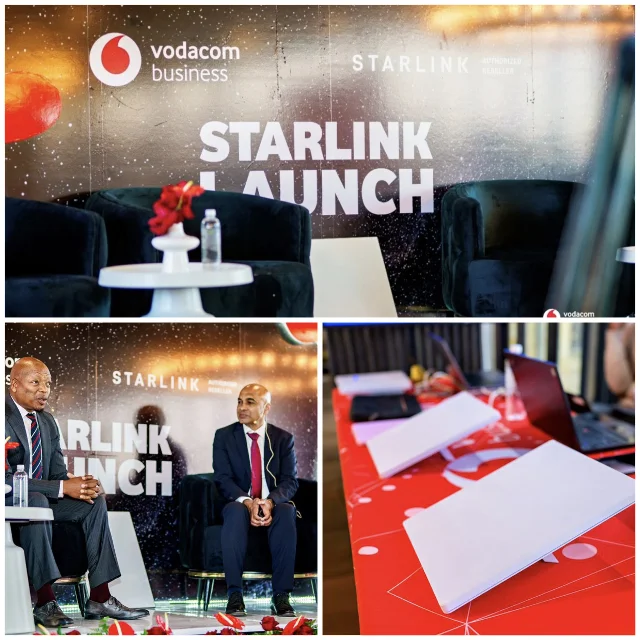 Vodacom Business 与 Starlink 发布活动拼图,画面可见发布会背景、两位现场嘉宾和白色终端设备