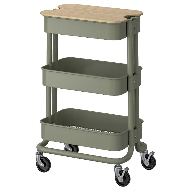 Gray-green three-tier RÅSKOG trolley with a bamboo lid and four casters.