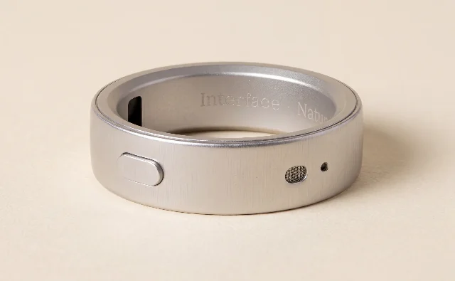 A silver stainless-steel ring photographed on a beige surface, showing a side button on the outer band and an optical sensor window on the inner surface