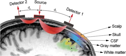 NIR photon path diagram showing light arc through scalp and skull into cortex, with emitter and detector on the surface