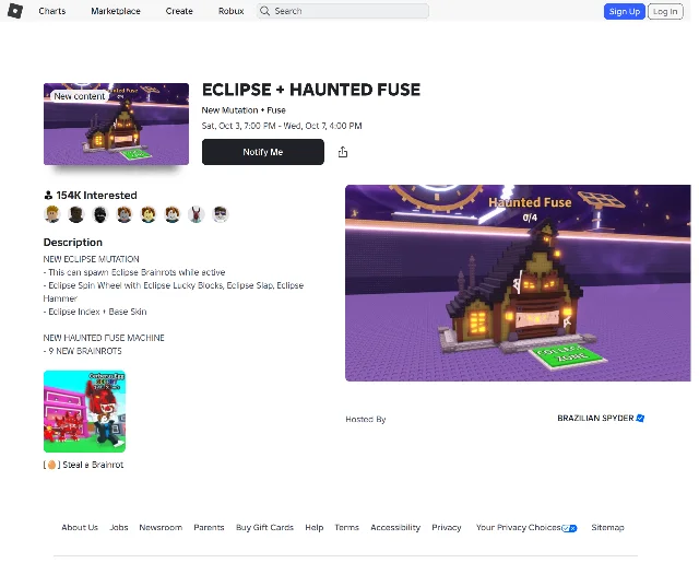 Roblox's event listing for Steal a Brainrot's "ECLIPSE + HAUNTED FUSE", captured on the morning of 3 October 2026. It shows the window "Sat, Oct 3, 7:00 PM - Wed, Oct 7, 4:00 PM", the counter reading 154K Interested, and a description listing the new Eclipse mutation with its spin wheel, lucky blocks, slap and hammer, the Eclipse index and base skin, a new Haunted Fuse machine, and nine new Brainrots.