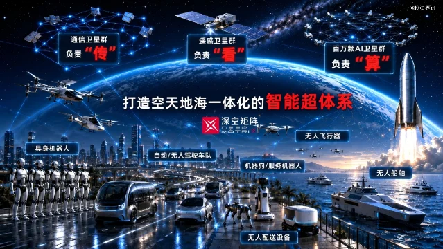 深空矩阵“星环计划”空天地海一体化智能超体系架构图,展示通信卫星群“传”、遥感卫星群“看”、百万颗AI卫星群“算”的在轨协同分工。