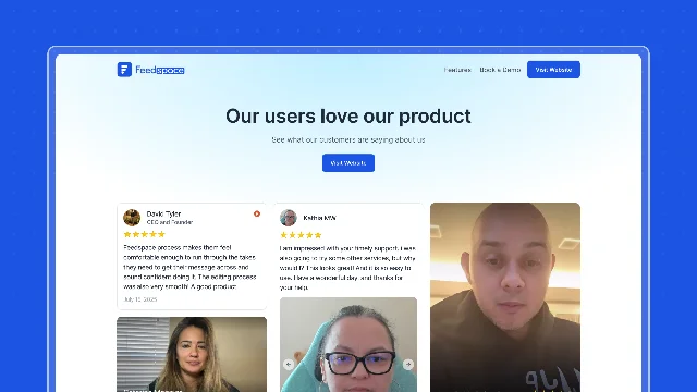 A Feedspace Wall of Love page, showing text testimonials beside video reviews
