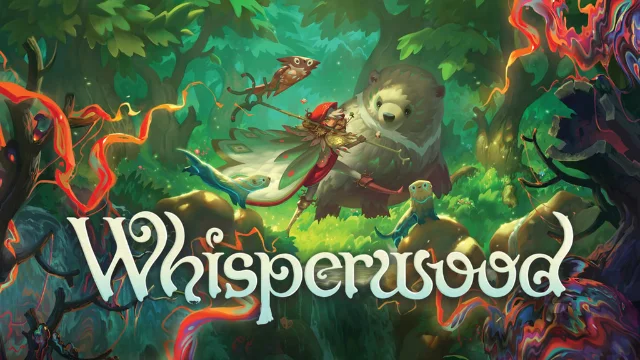 Whisperwood campaign art: a red-capped figure and a bear in a luminous fantasy forest