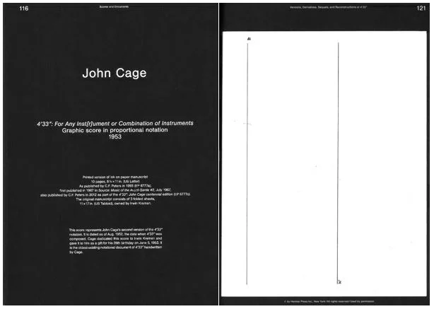 John Cage《4'33"》图形乐谱的书影,右页显示两个空白乐章页面