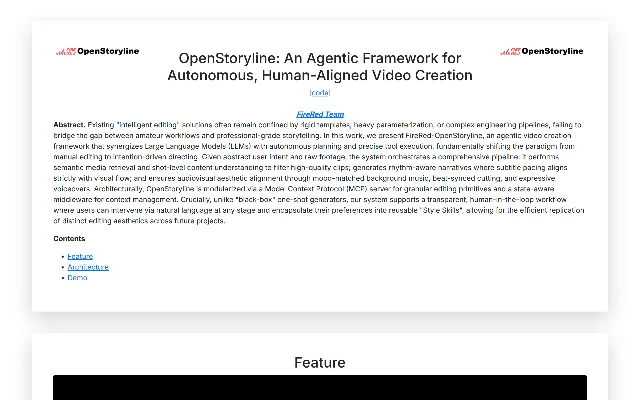 OpenStoryline 项目页首页,标题是 OpenStoryline: An Agentic Framework for Autonomous, Human-Aligned Video Creation,下面是 FireRed Team 署名的摘要,摘要里写着系统通过 MCP 服务端与状态感知中间件模块化,并把用户偏好封装成可复用的 Style Skills