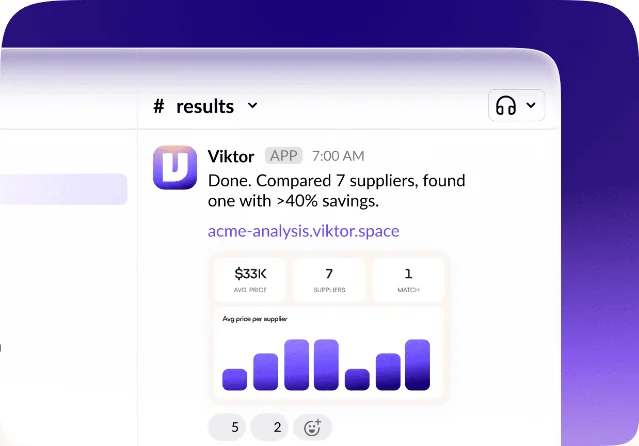 A Viktor result posted in a workspace, with a supplier comparison and a link to the finished analysis