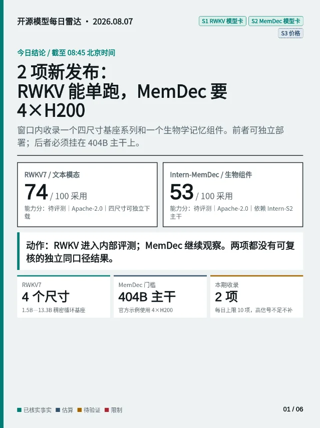 2项新发布：RWKV能单跑，MemDec要4×H200