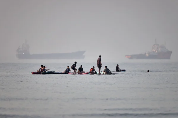 Vessels anchored in the Strait of Hormuz off Bandar Abbas, Iran