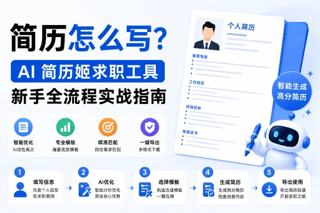 AI 简历姬使用流程介绍,包含产品 logo、功能点和五步操作流程