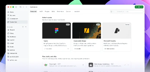 GitHub Copilot app Customize tab with Featured MCP, Skill, and Canvas cards