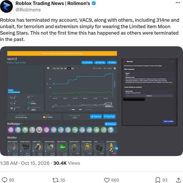 A termination notice on a Roblox account profile, with the moderator note citing terrorism