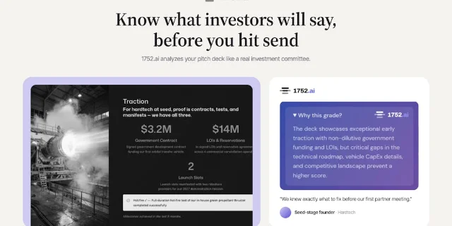 1752.ai 分析器展示逐页融资反馈与 Why this grade 说明