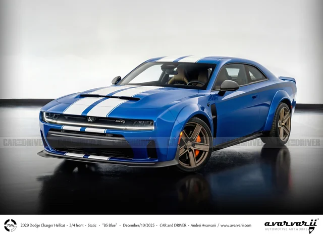 A blue two-door Dodge Charger in three-quarter front view, drawn for Car and Driver with white racing stripes and bronze wheels
