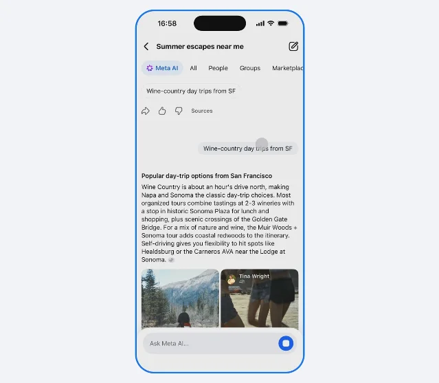 Facebook AI Mode 搜索结果示意