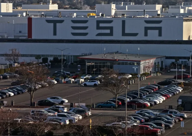 Aerial view of Tesla's Fremont factory, site of the disputed labor practices