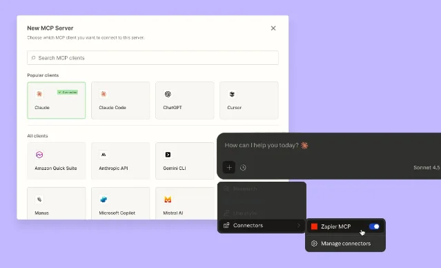 Zapier MCP server setup — select your AI client and add tools