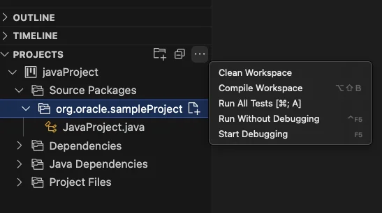 VS Code Explorer sidebar showing the Project Explorer panel with a javaProject package structure — org.oracle.sampleProject — and a right-click context menu offering Compile Workspace, Clean Workspace, and other build actions