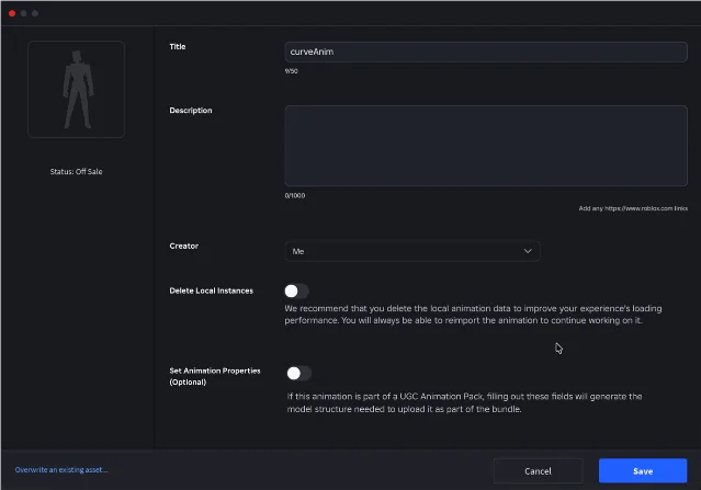 Roblox Studio Save to Roblox dialog for CurveAnimation pack